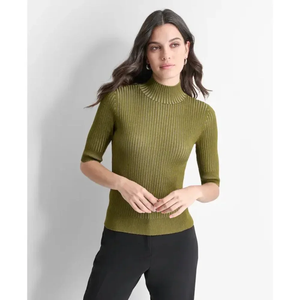 DKNY Mock Neck Turtle Neck Green Bodycon Ribbed Knit Top Women's Size XL - Picture 1 of 7